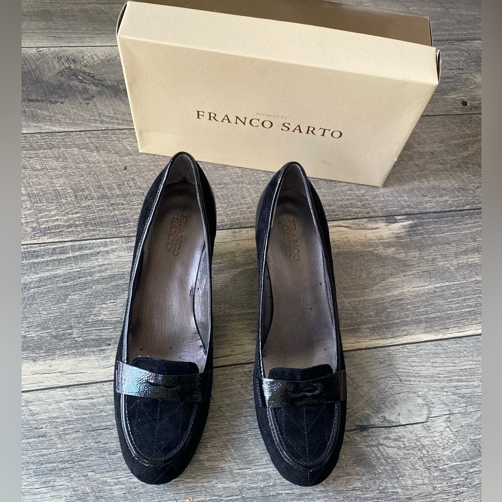 NWT Franco Sarto Kitten Heels Size 10.5 N Narrow Black Suede Penny Loafer Pumps
